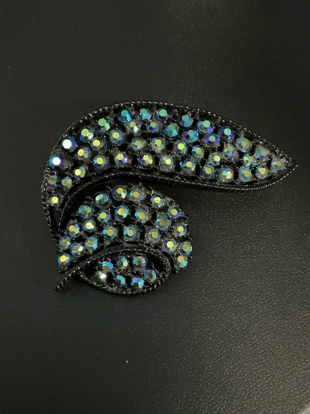 1960s style leaf brooch black enamel and iridescent Aurora Borealis stones 2463